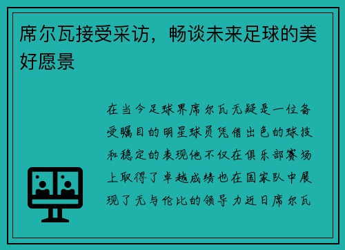 席尔瓦接受采访，畅谈未来足球的美好愿景